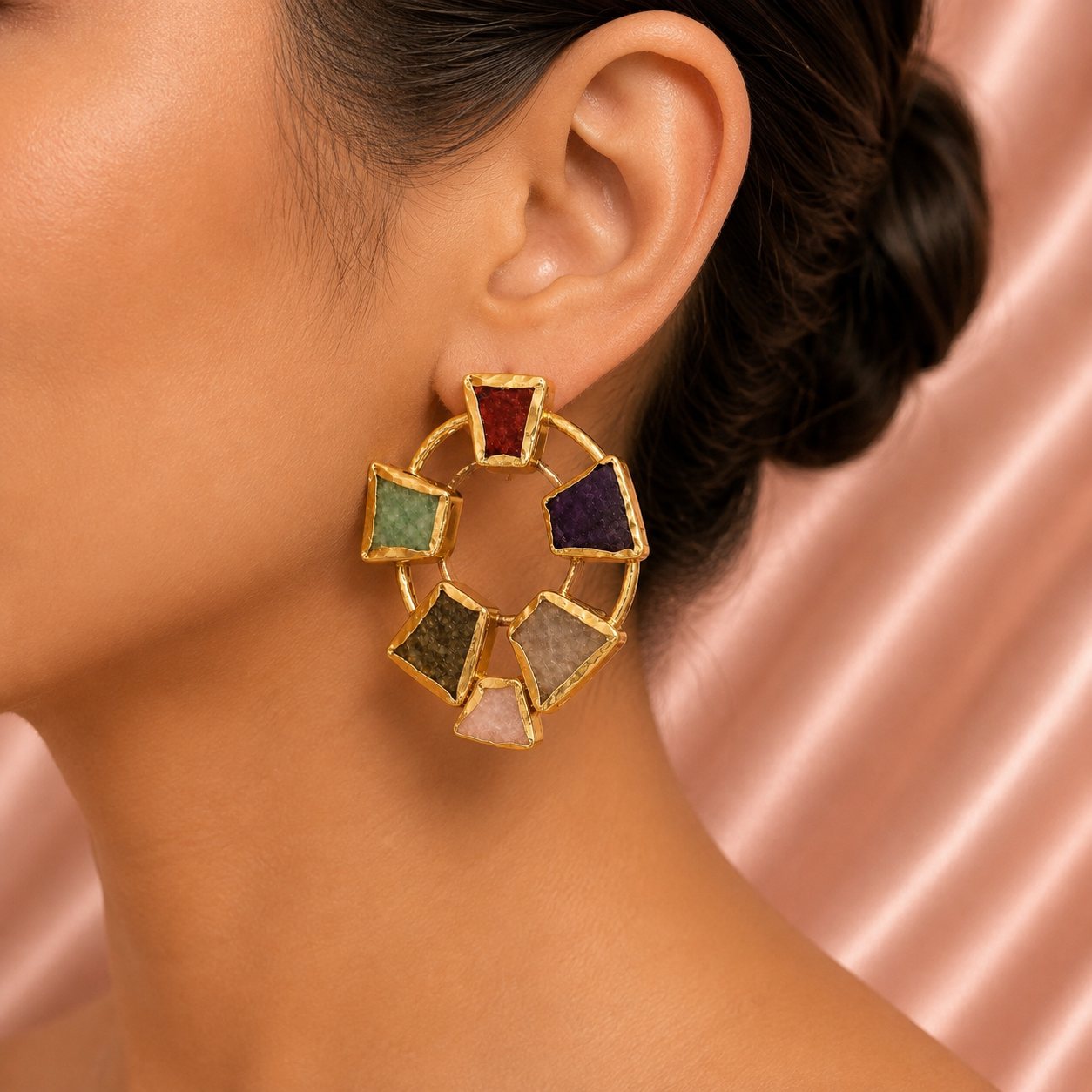 Model wearing Luxe'e mosaic gemstone drop earrings